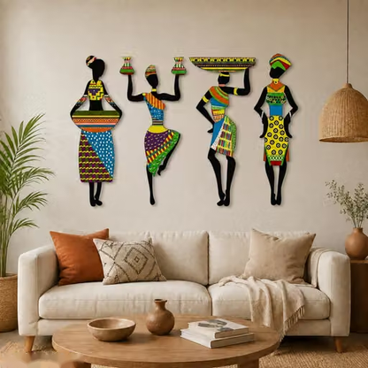 Premium Unique Stylish Tribal Women 4 Pcs.MDF Wood Cut Out Set Wall Home Room Office Wall Art- Colorful