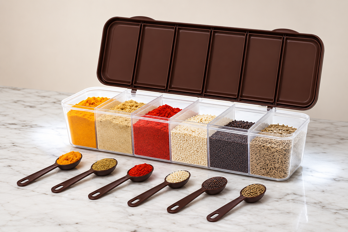 NXTBUY® 6-Compartment Masala Dabba Box | Elegant Brown Airtight Kitchen Container for Spices | BPA-Free with 6 Serving Spoons & Clear Lid | 1800ml Storage for Indian Masalas, Dry Snacks & Condiments