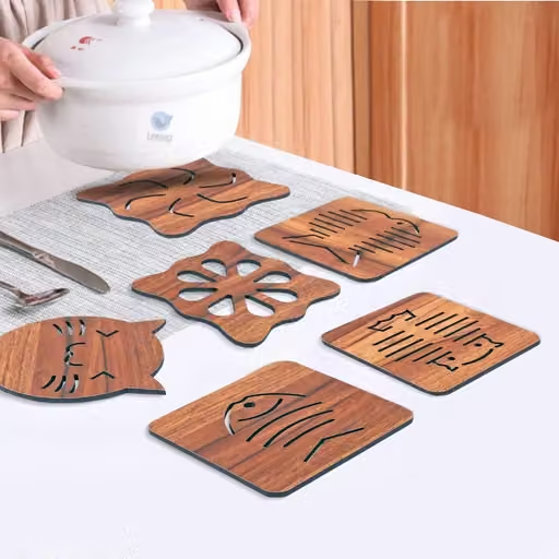 (6PCS) Wooden Table Placemat Heat Resistant Hot Pot Coasters Cup Mat Tea Coaster Big Small Dining Table Accessories | Kitchen Accessories | Wedding Gift | Wooden Crockery | Dining Mats