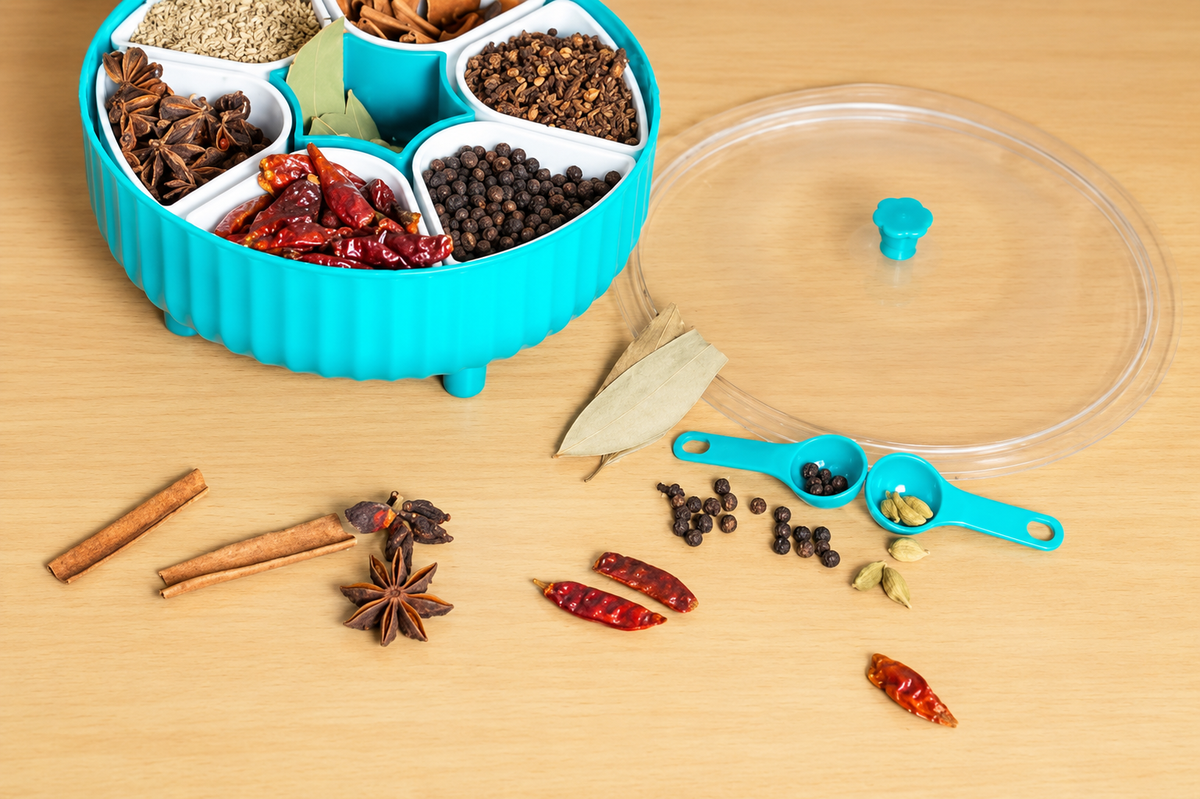 360° Rotating Masala Box for Kitchen | 7 Compartment Plastic Spice Box with Spoon | Airtight Masala Dabba & Spice Container with Transparent Lid | Kitchen Spice Organizer