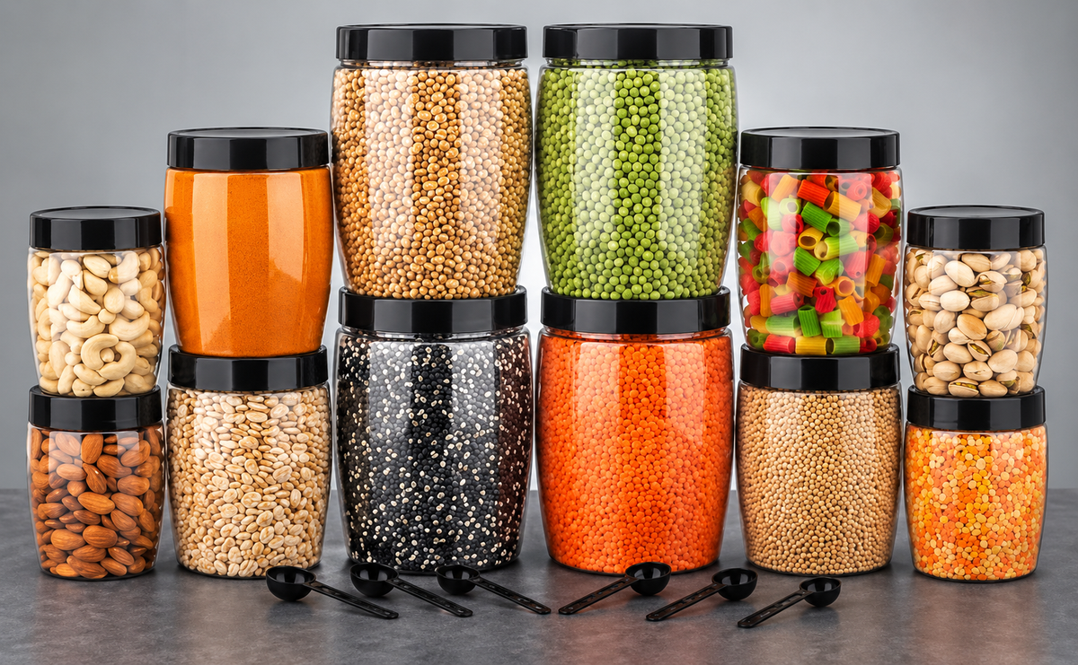 Jar Container, Set of 12 (12pcs), Black | Airr Tight | Kitchen Organiser | BPA Free | Stackable, Plastic | Premium 12 pcs Storage Container With 12Pcs Spoon (FREE) , (4 Piece-1200ml , 4 Piece - 650ml , 4 Piece -350ml , ),
