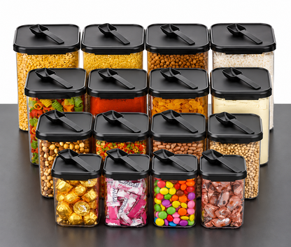 16-Piece Square Transparent Storage Container Set (Multi-Size) | 1400ml, 900ml, 650ml, 350ml | Airtight, High Quality, Stackable | Food & Grocery Storage
