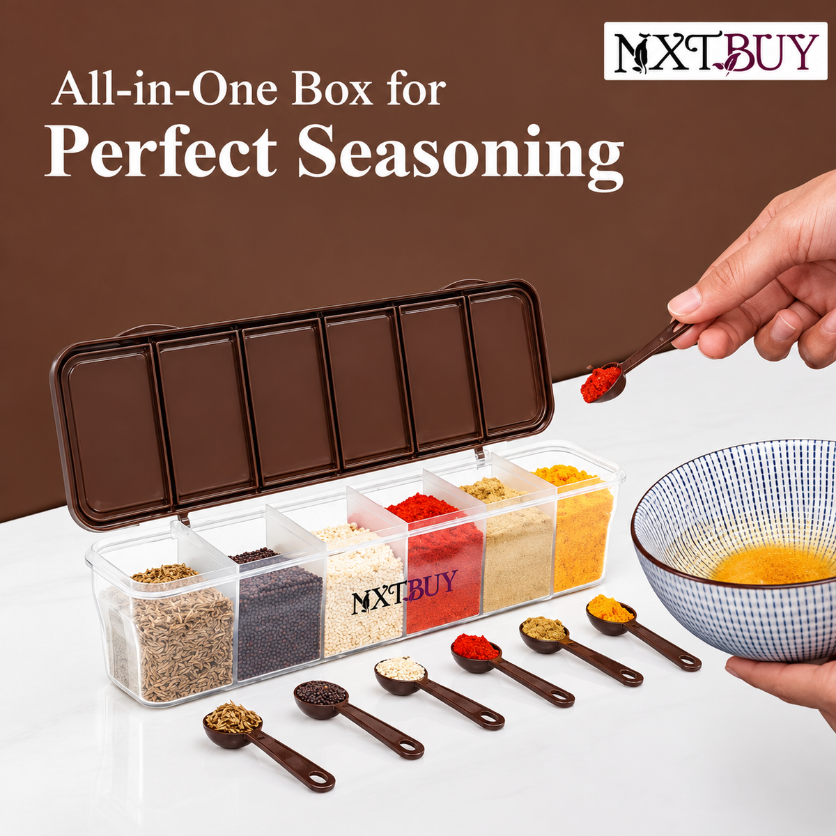 NXTBUY® 6-Compartment Masala Dabba Box | Elegant Brown Airtight Kitchen Container for Spices | BPA-Free with 6 Serving Spoons & Clear Lid | 1800ml Storage for Indian Masalas, Dry Snacks & Condiments