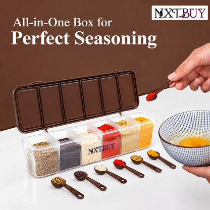 NXTBUY® 6-Compartment Masala Dabba Box | Elegant Brown Airtight Kitchen Container for Spices | BPA-Free with 6 Serving Spoons & Clear Lid | 1800ml Storage for Indian Masalas, Dry Snacks & Condiments