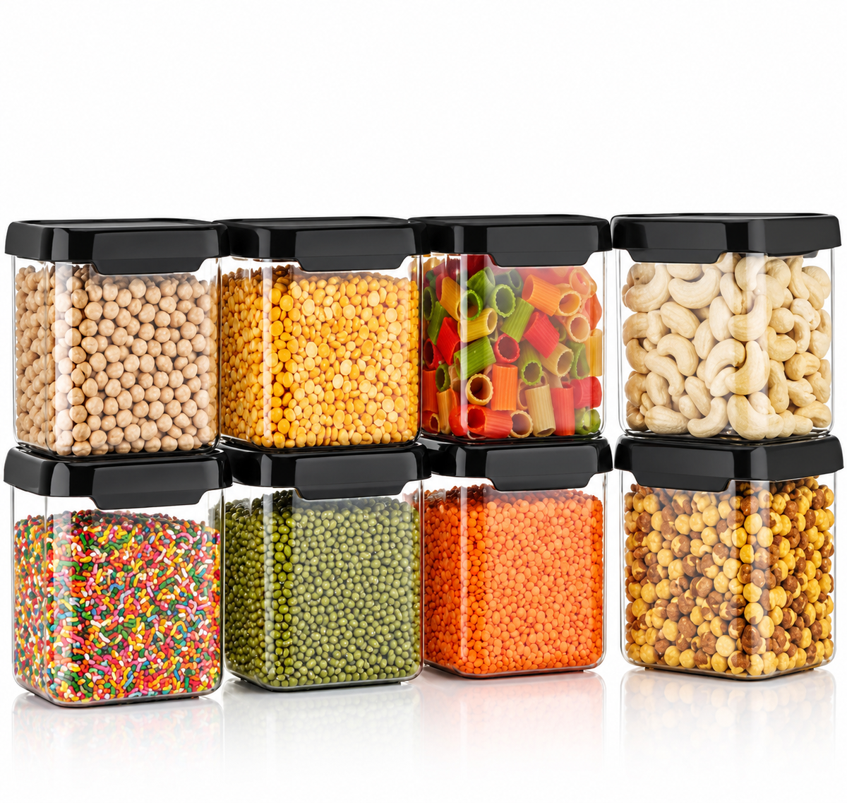SET 8 New Desgine Plastic Storage Jar & Container Set Air-Tight BPA Free Containers for Kitchen Storage Set Kitchen Organizer & Kitchen Storage Set Pantry Organization Multipurpose Jar 500 ML Set 8 Black+