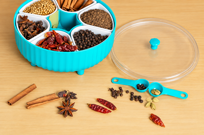 360° Rotating Masala Box for Kitchen | 7 Compartment Plastic Spice Box with Spoon | Airtight Masala Dabba & Spice Container with Transparent Lid | Kitchen Spice Organizer