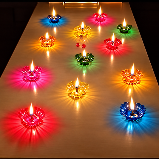 Transparent Diya Deepak 3D Reflection Diya Combo Special Reusable Colourful Sai Ram Decorative Diwali Oil Diya for Decoration, Deepawali Oil Lamps for Pooja/Puja,Multicolor (Set of 12)