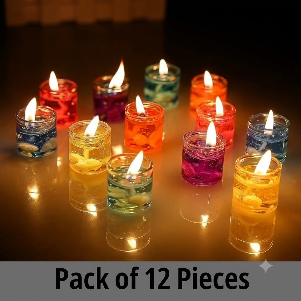 UDHWANI Multicolour Glass Jelly Gel Candles – Pack of 12 | Smokeless, Decorative Tealights for Diwali, Spa, Parties & Home Décor