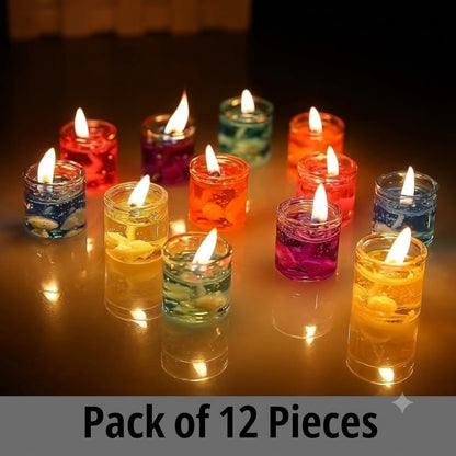 UDHWANI Multicolour Glass Jelly Gel Candles – Pack of 12 | Smokeless, Decorative Tealights for Diwali, Spa, Parties & Home Décor