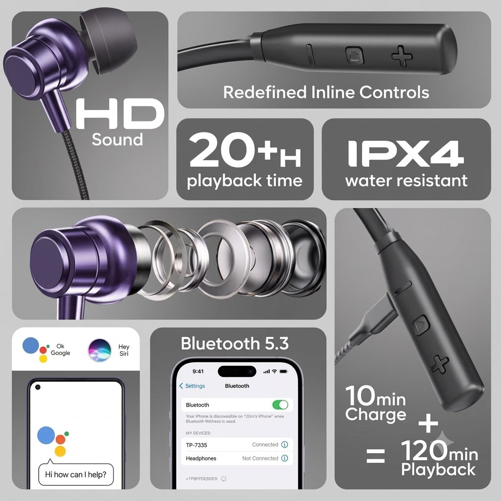 SIGNATIZE Neckband Bluetooth Headphones with 20+ Hours Playtime with 10mm Drivers, Rich Music Experience, BT 5.3v, Type C Fast Charging, Neckband Earphones & IPX4 Water Resistant