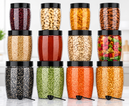 Jar Container, Set of 12 (12pcs), Black | Airr Tight | Kitchen Organiser | BPA Free | Stackable, Plastic | Premium 12 pcs Storage Container With 12Pcs Spoon (FREE) , (4 Piece-1200ml , 4 Piece - 650ml , 4 Piece -350ml , ),