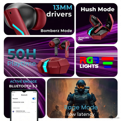 Hoppup Xo6 Gaming Earbuds with 35MS Low Latency, RGB LED, 13MM DRIVERS & 50H PlayTime Bluetooth (Red, True Wireless)