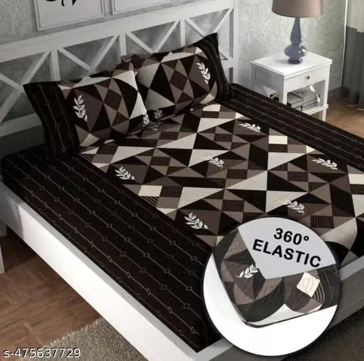 Elastic Fitted Glace-Cotton Bedsheets For Double Bed With 2 Pillow Covers